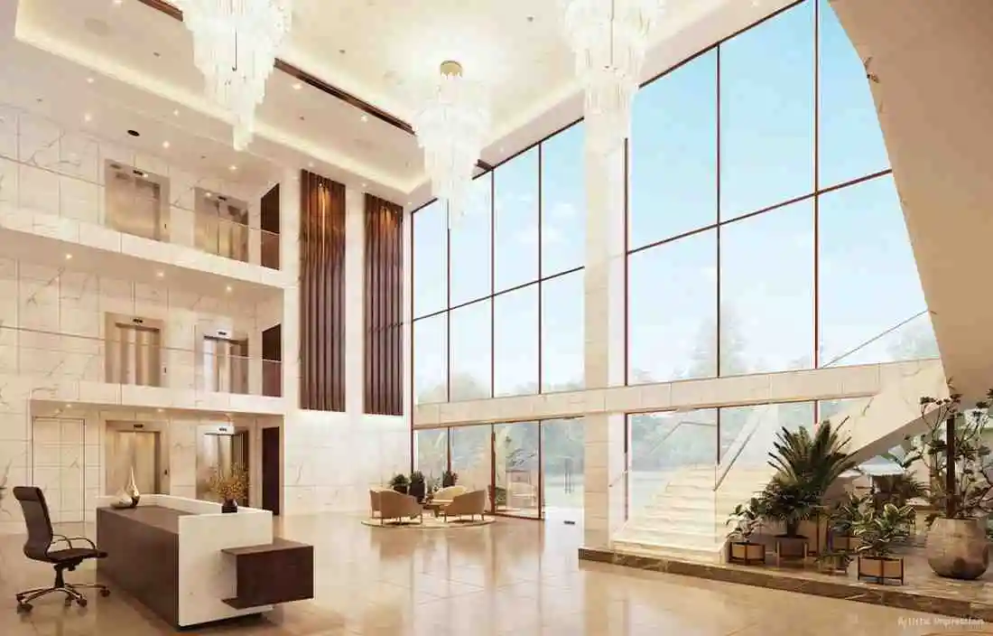 Clubhouse lobby Double-height clubhouse lobby in a Sattva Group community, artist's impression